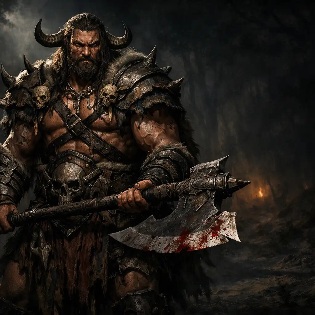 Postava Barbariana v Diablo Immortal, svalnatý bojovník s obouruční sekerou v temném lese