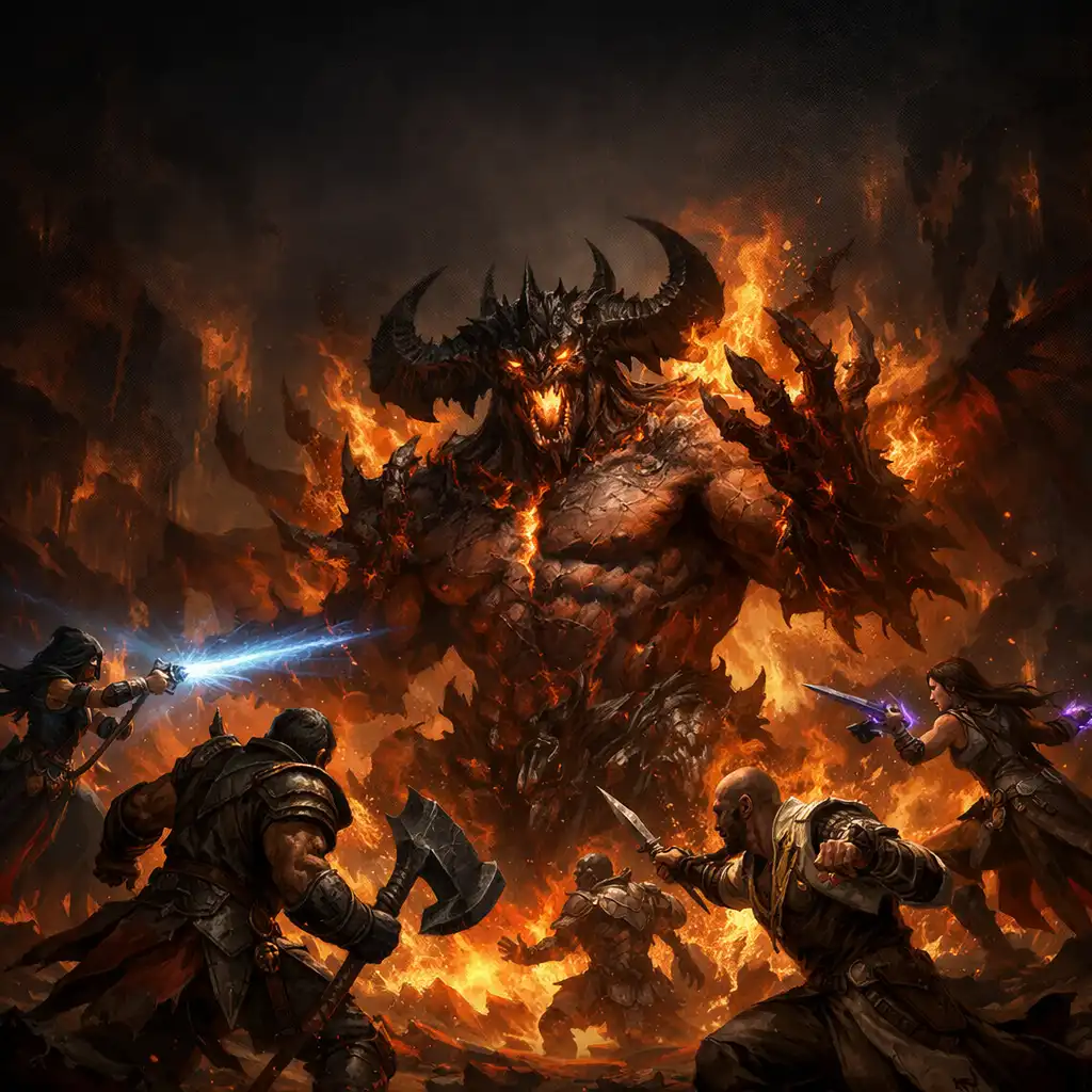 Souboj s bossem v Diablo Immortal, obří démon s ohnivými efekty a hráči útočí ze všech stran