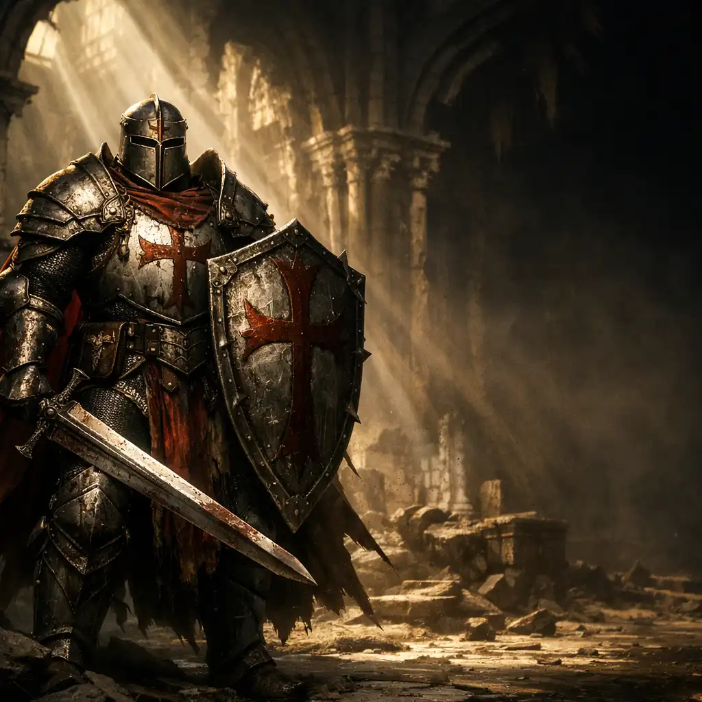 Postava Křižáka v Diablo Immortal, těžce obrněný válečník s mečem a štítem v ruinách chrámu