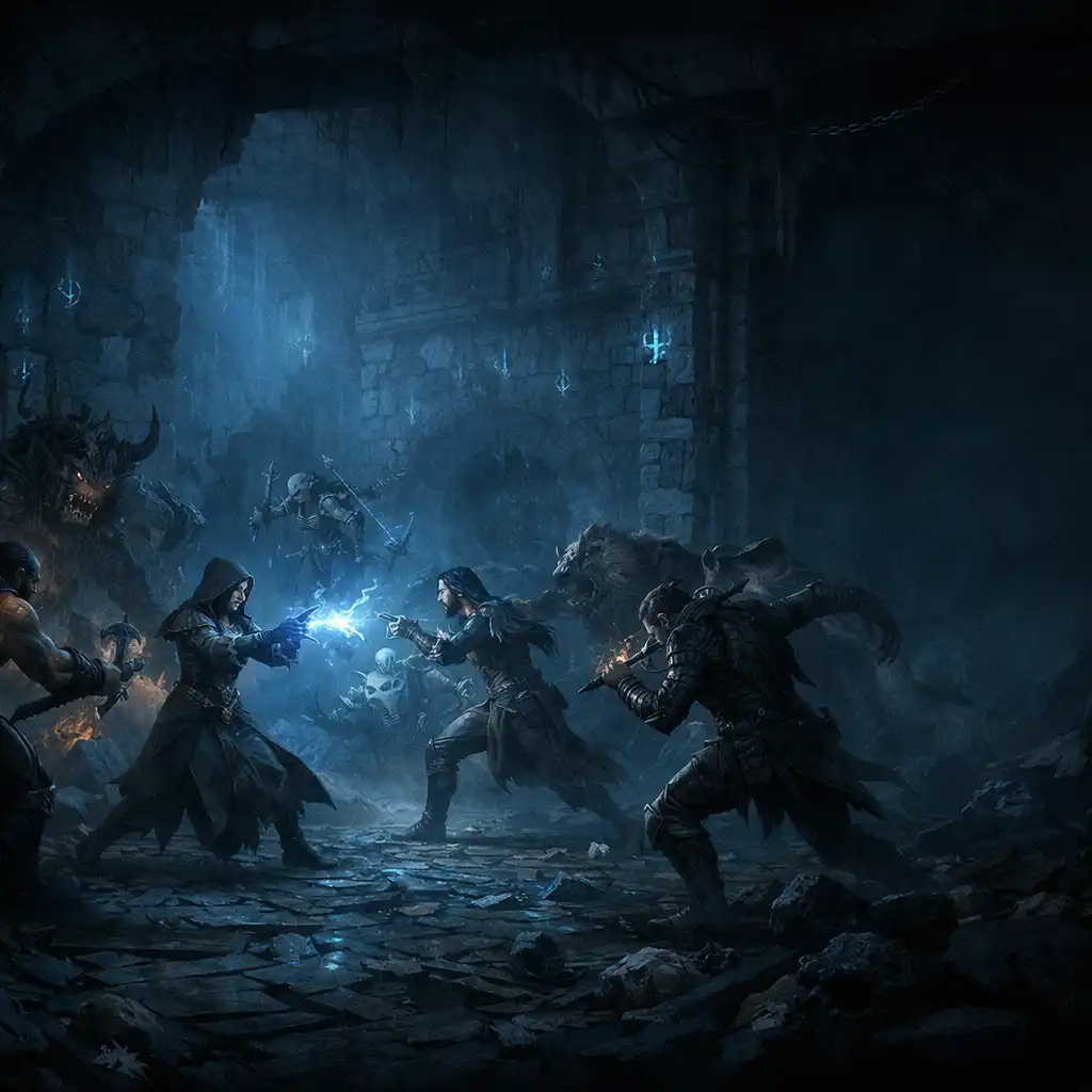 Interiér temného dungeonu v Diablo Immortal, kamenné zdi s runami a slabé modré osvětlení