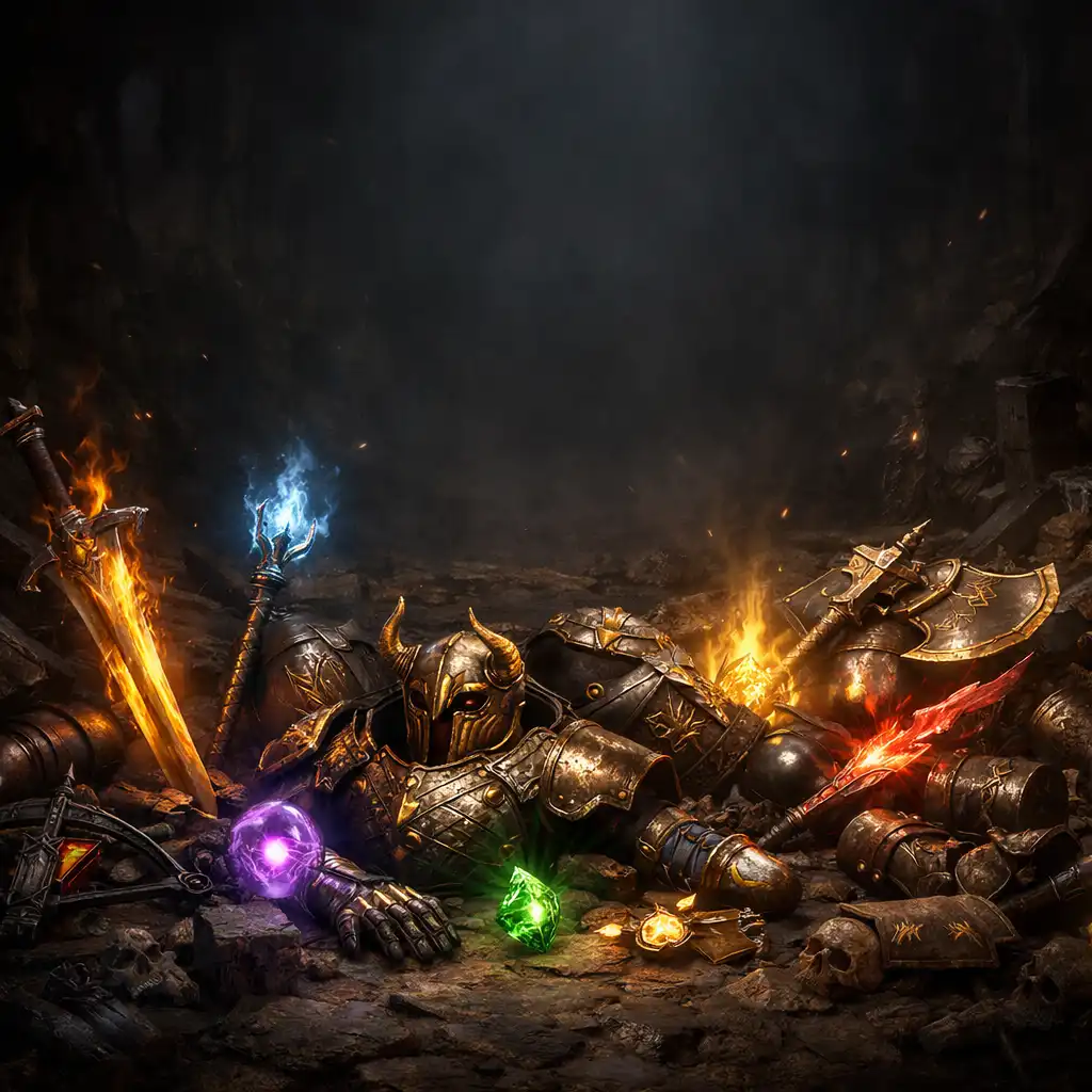 Obrazovka s kořistí v Diablo Immortal, různé zbraně a brnění na zemi, zářící předměty