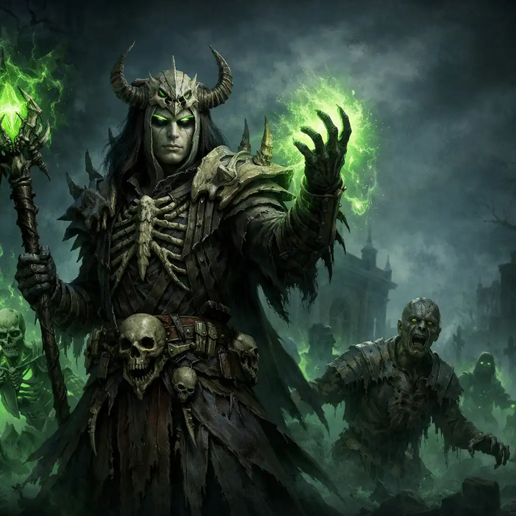Postava Nekromanta v Diablo Immortal, temný mág s kostěnými doplňky vyvolává nemrtvé na hřbitově