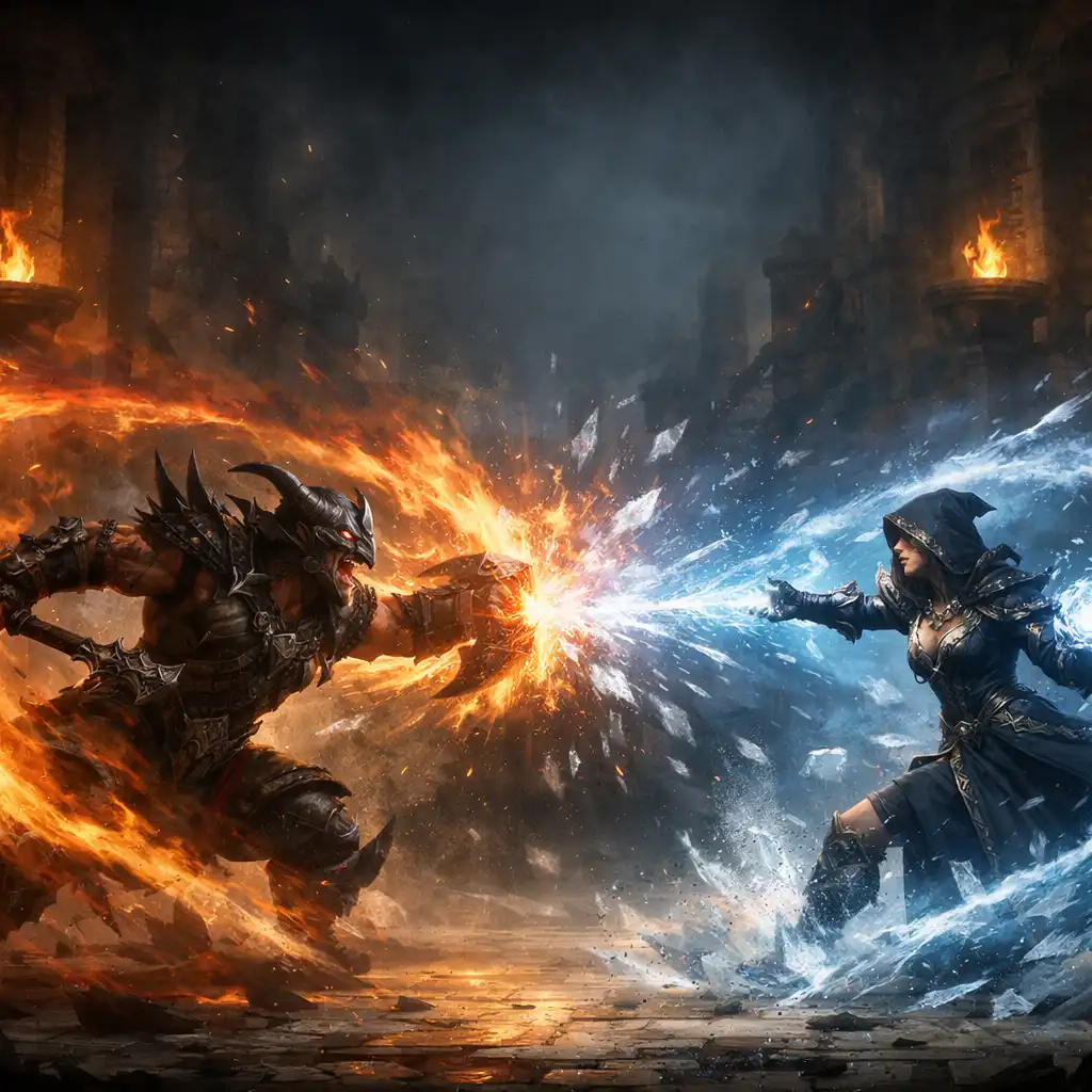 PvP bitva v Diablo Immortal, dva hráči bojující v aréně s magickými efekty