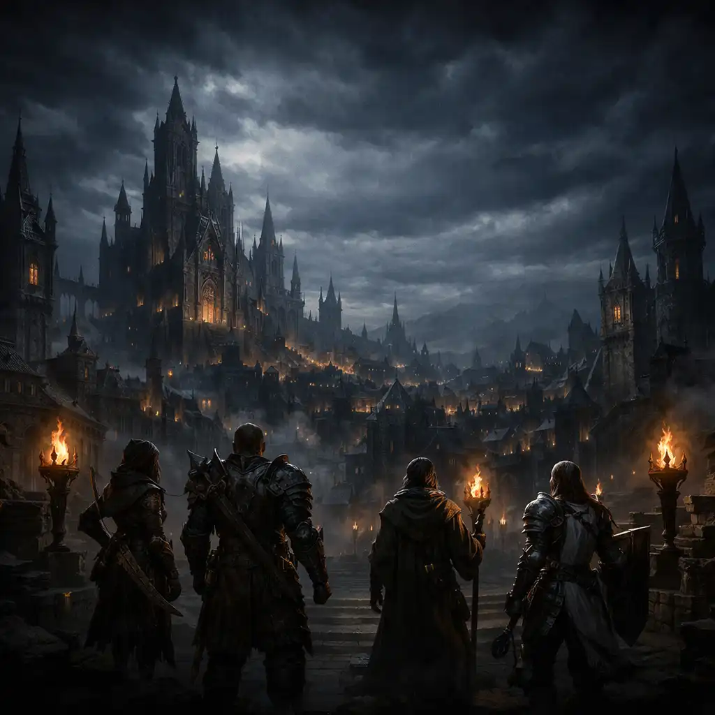Pohled na město Westmarch v Diablo Immortal, gotická architektura s vysokými věžemi, temná obloha s mraky a osvětlení pochodněmi