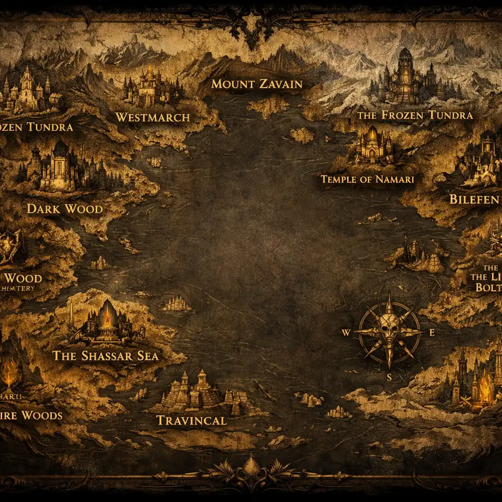 Mapa světa Sanctuary v Diablo Immortal, stylizovaná herní mapa s ikonami lokací