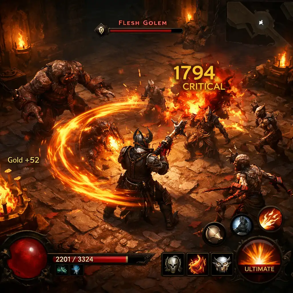 Hráč bojuje s nepřáteli v temném dungeonu