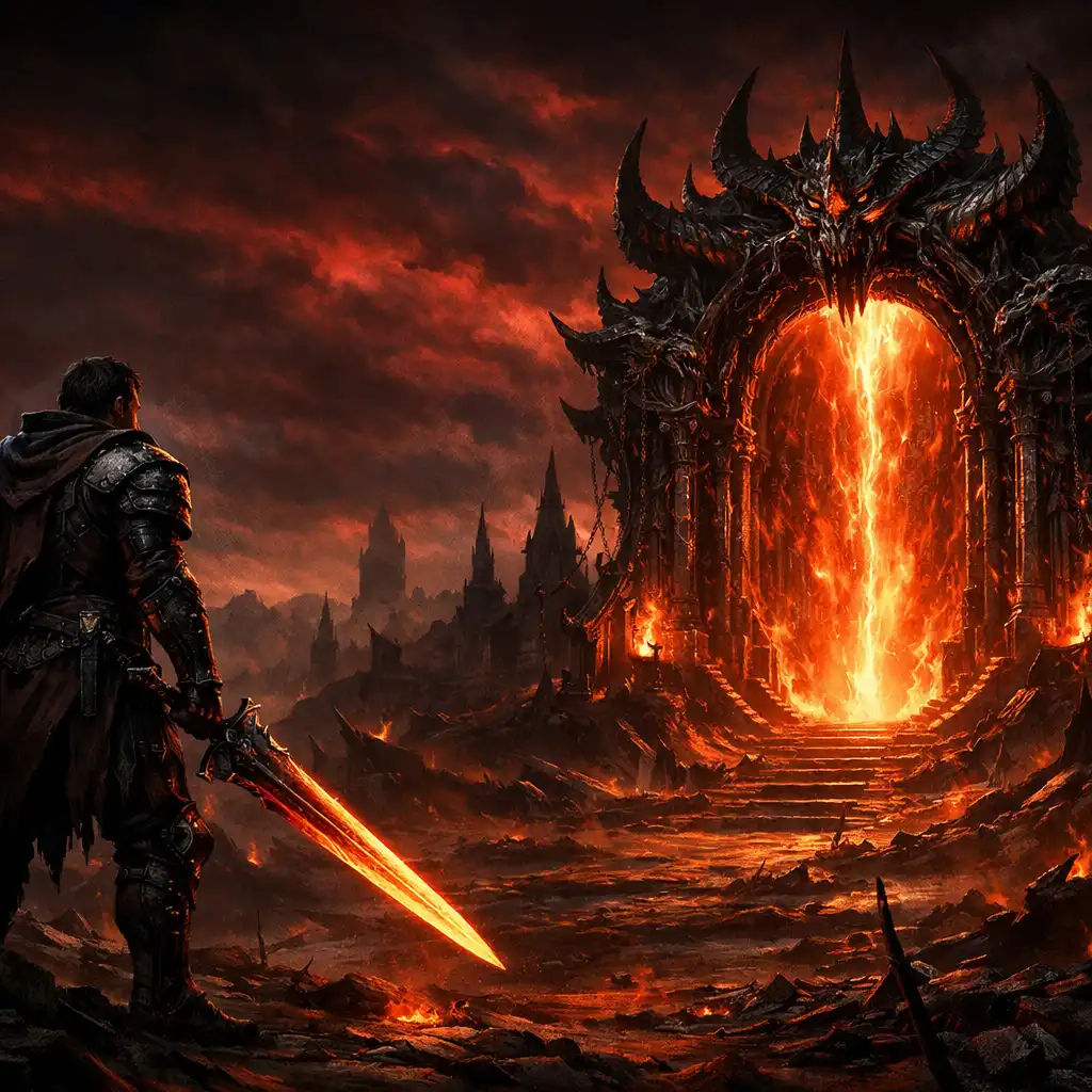 Hrdina s mečem stojí před démonickou bránou v temné fantasy krajině