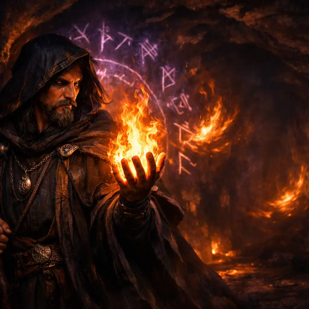 Mág s planoucí rukou a magickými runami