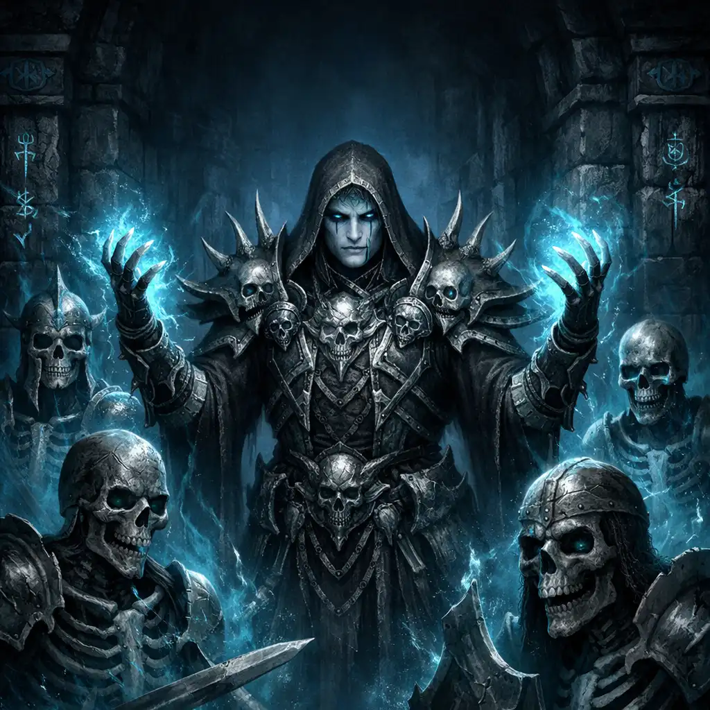 Nekromant vyvolává kostěné válečníky v temném dungeonu